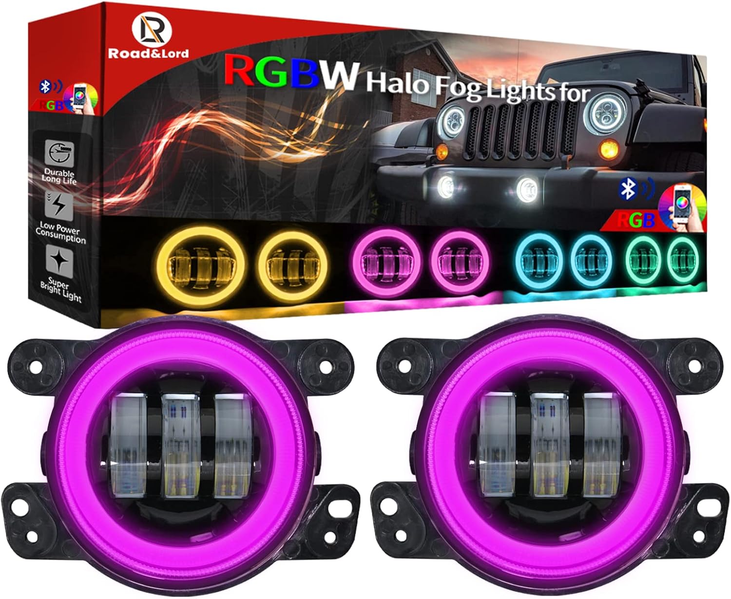 RGBW Halo Led Fog Lights 4 Inch 42W 2PCS Driving Fog Light with RGBW Halo Ring Angel Eyes DRL Spot light for Jp Wrangler JK Dodge Chrysler Cherokee (4RGB Jp JK Fog Light)