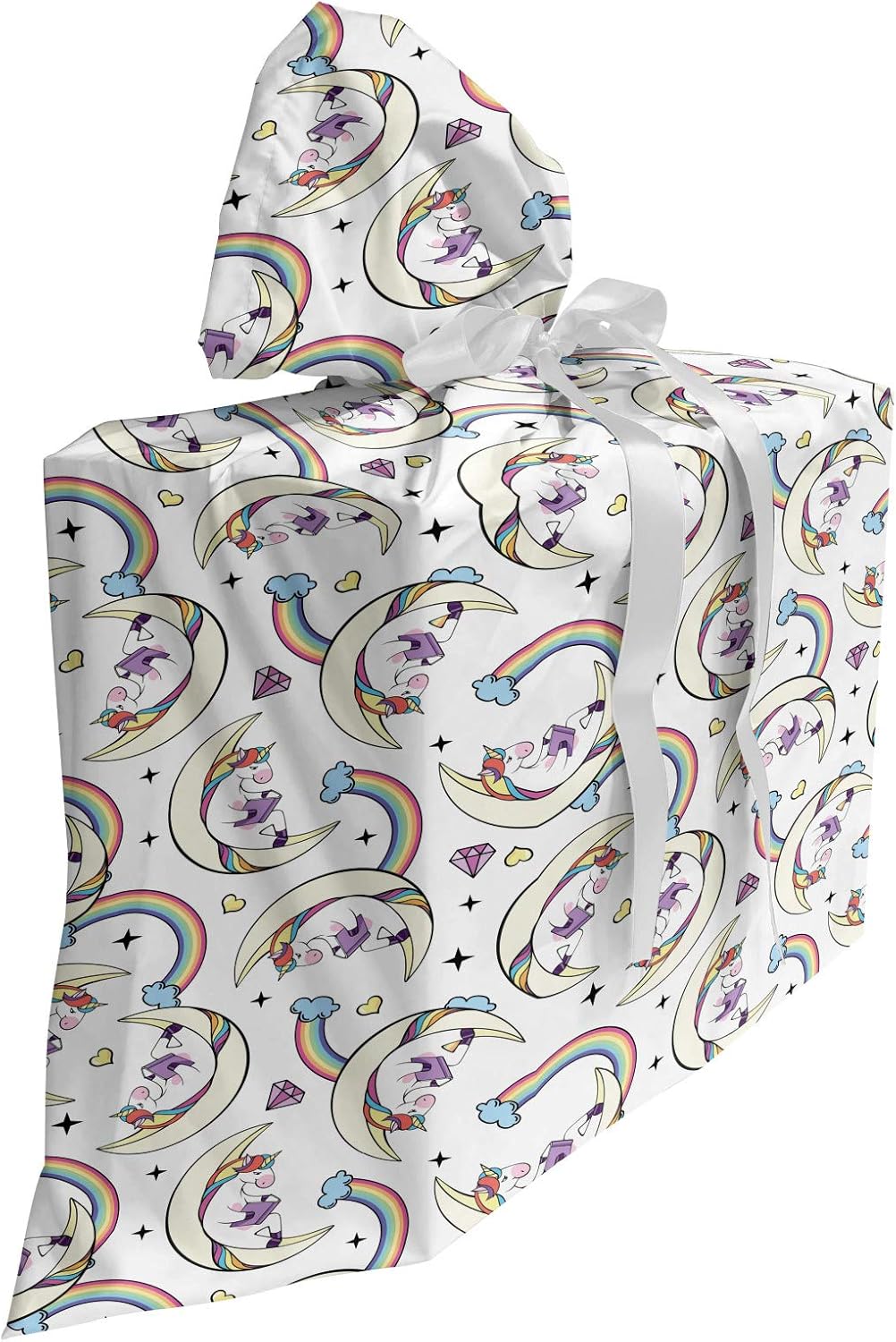 Ambesonne Rainbow Gift Bag, Unicorn Reading Book on Moon Repetitive Print, Reusable Fabric Party Favor Pouch with 3 Ribbons, 27" X 32", Ivory Multicolor