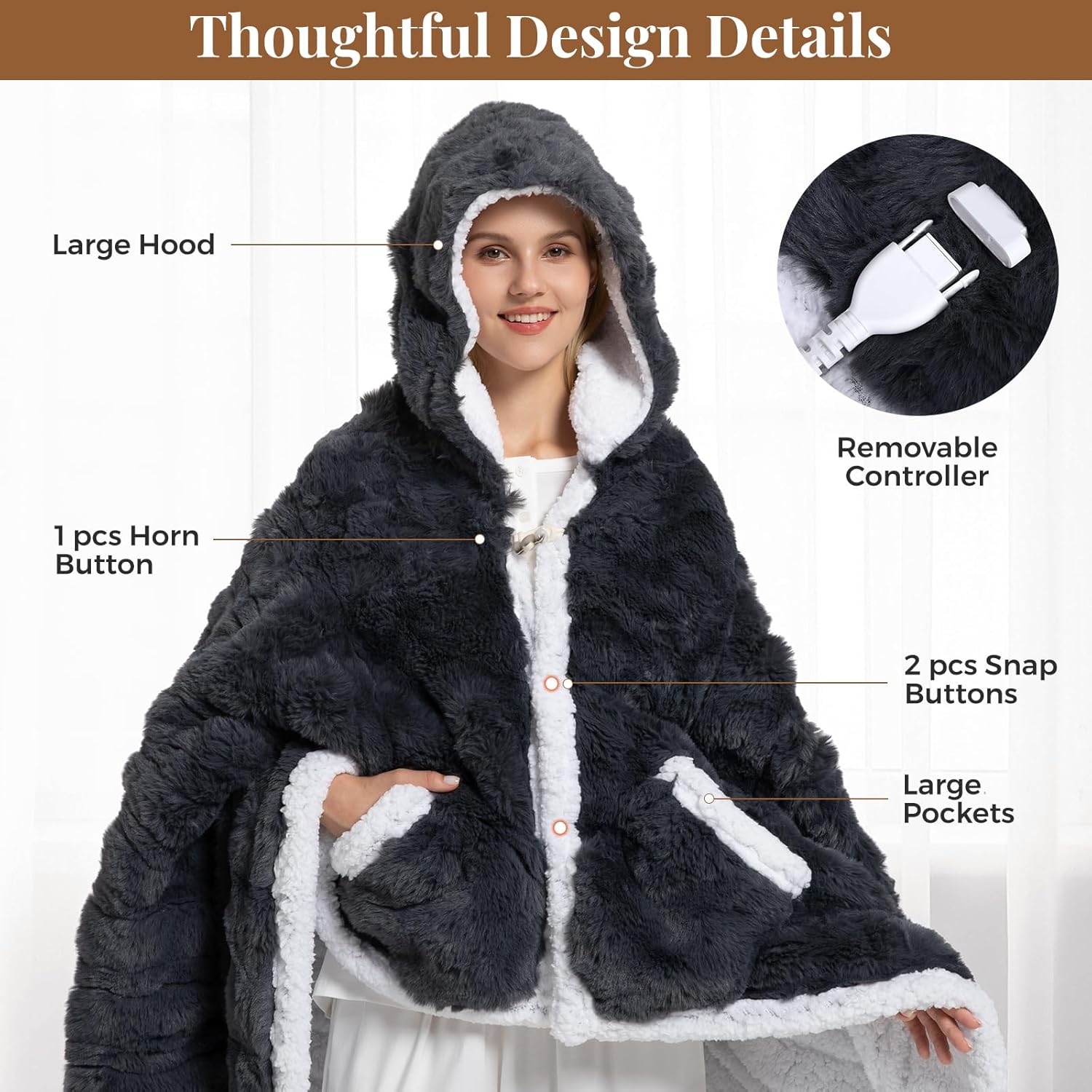 Wearable Heated Blanket Hoodie, Luxury Faux Fur & Sherpa Electric Throw Blanket, Heated Shawl Wraps Poncho with Pockets for Women Men, 3 Heat Levels & 12H Timer, ETL & FCC Certified, 40"x70",Dark Grey - Image 3