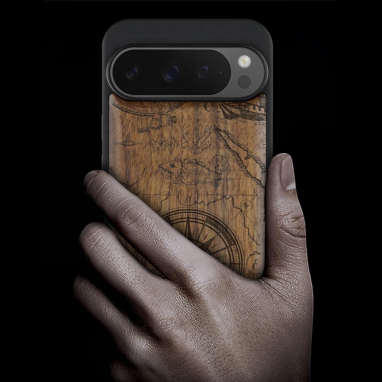 Carveit Magnetic Wooden Case for Google Pixel 9 Pro XL Case, Wood Artisan Engraved & Soft TPU Shockproof Cover, Compatible with MagSafe Wireless Chargers (Vintage Pirate Compass) Walnut