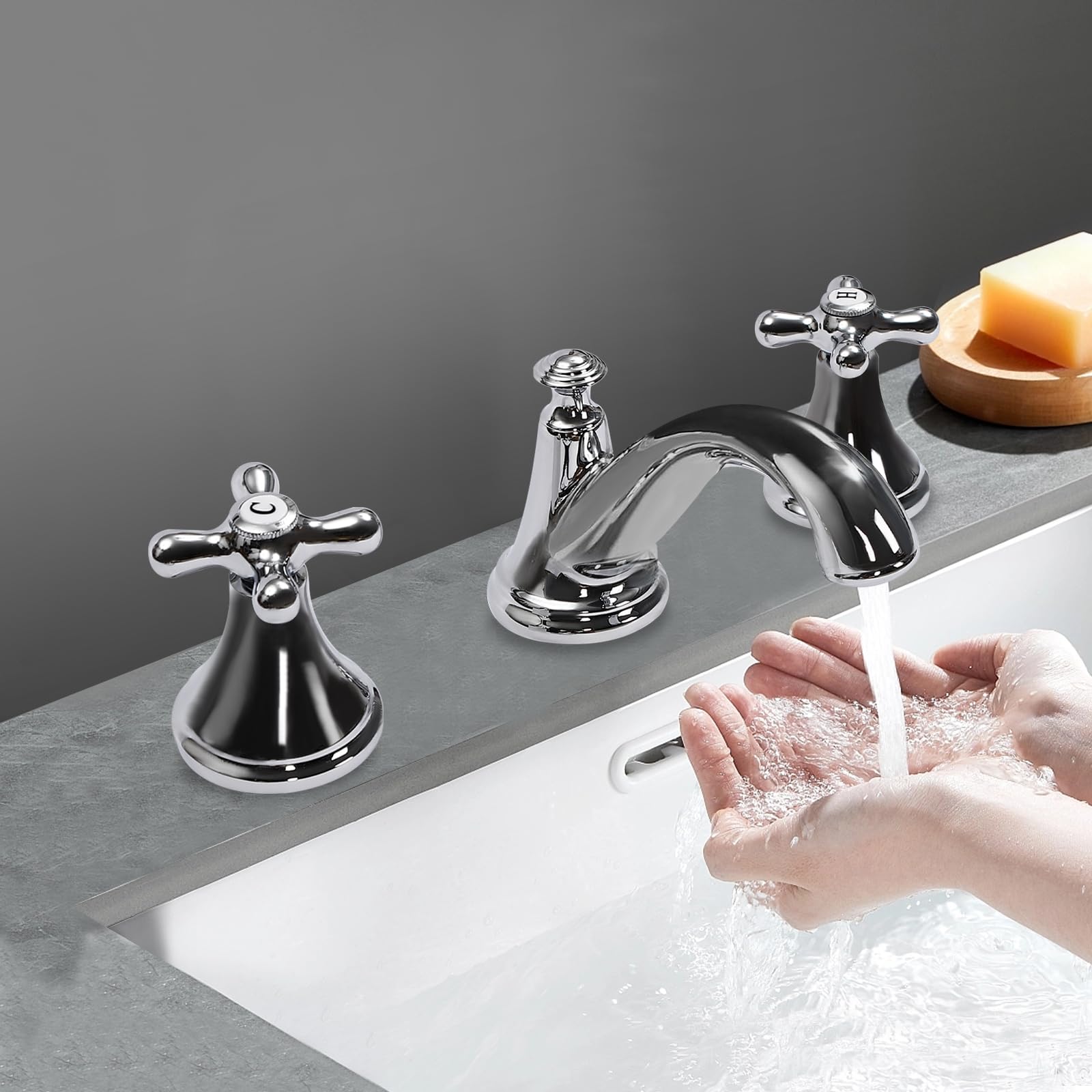 Rubinetto lavabo a 3 fori argento lavabo miscelatore con 2 maniglie, rubinetto per acqua calda e fredda
