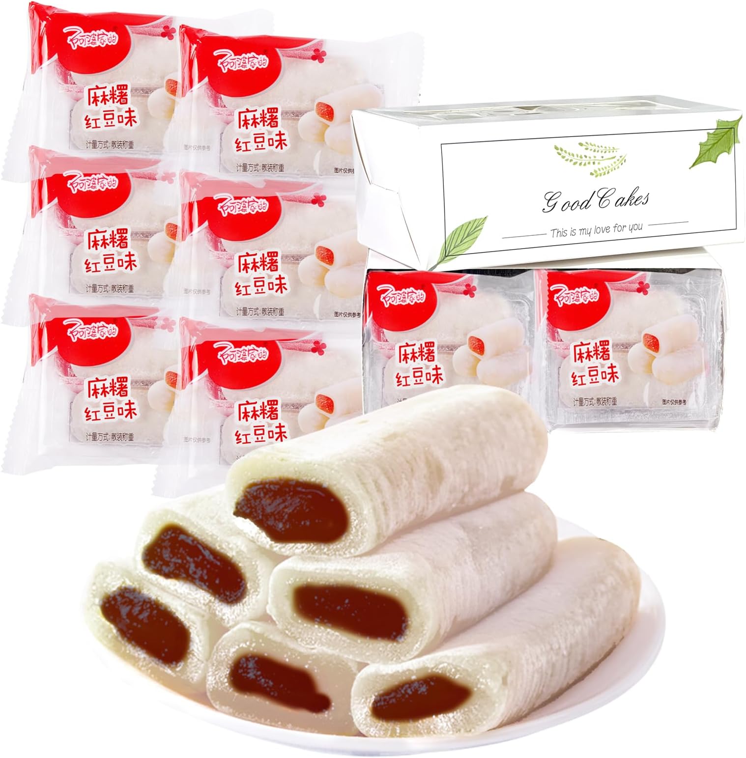 KWOLYKIM Mochi Rice Cake, 6 Pack Red Bean Flavor Asian Pastry Traditional Snack and Food Soft & Sweet Mochi Individually Packaging Dessert 360g/12.69oz