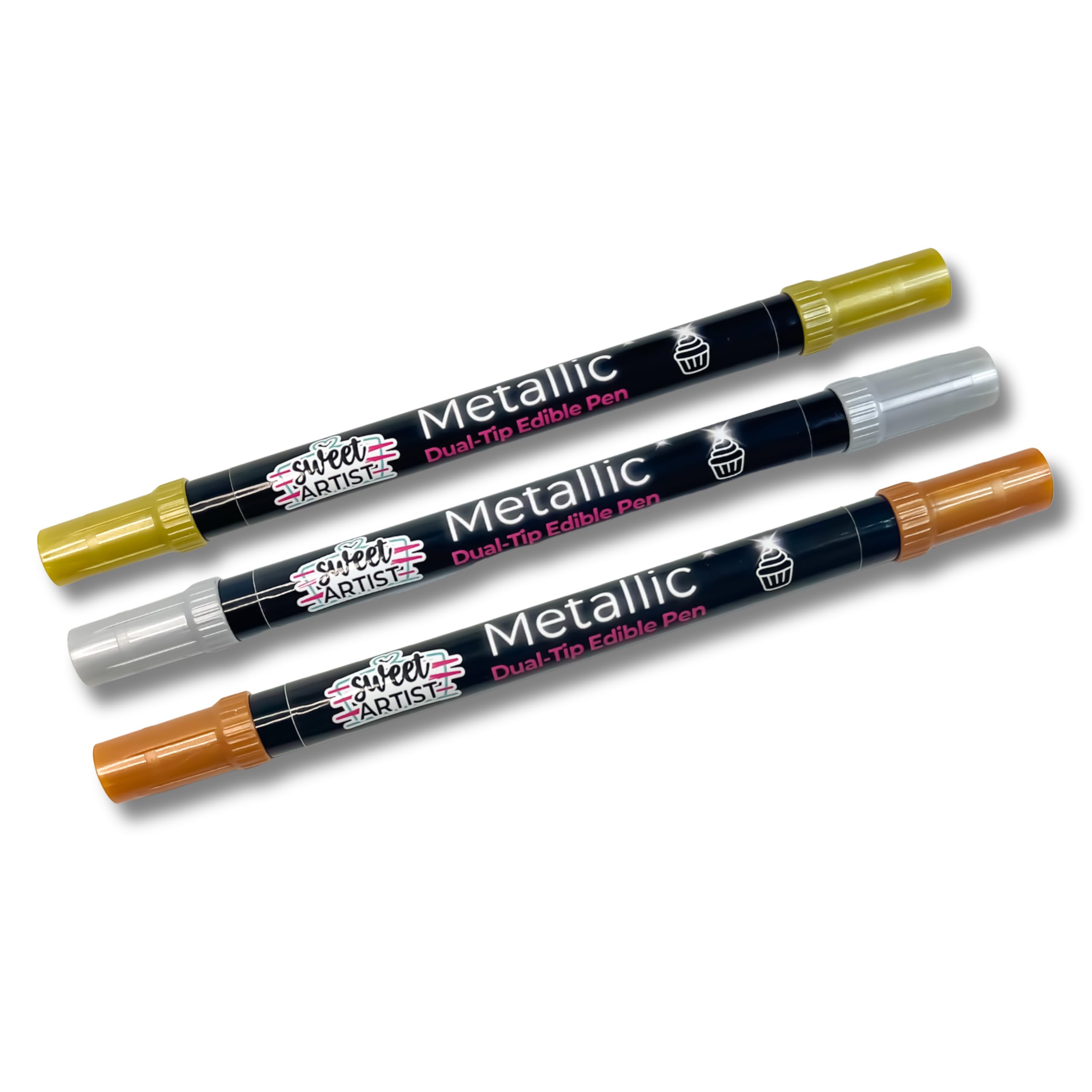 Metallic Dual-Tip Edible Pens by Sweet Artist (EPS) - Write onto Fondant Icing, Edible Paper and Royal Icing with Edible Metallic Markers - Classic Set of 3 Colours - Gold, Silver & Bronze