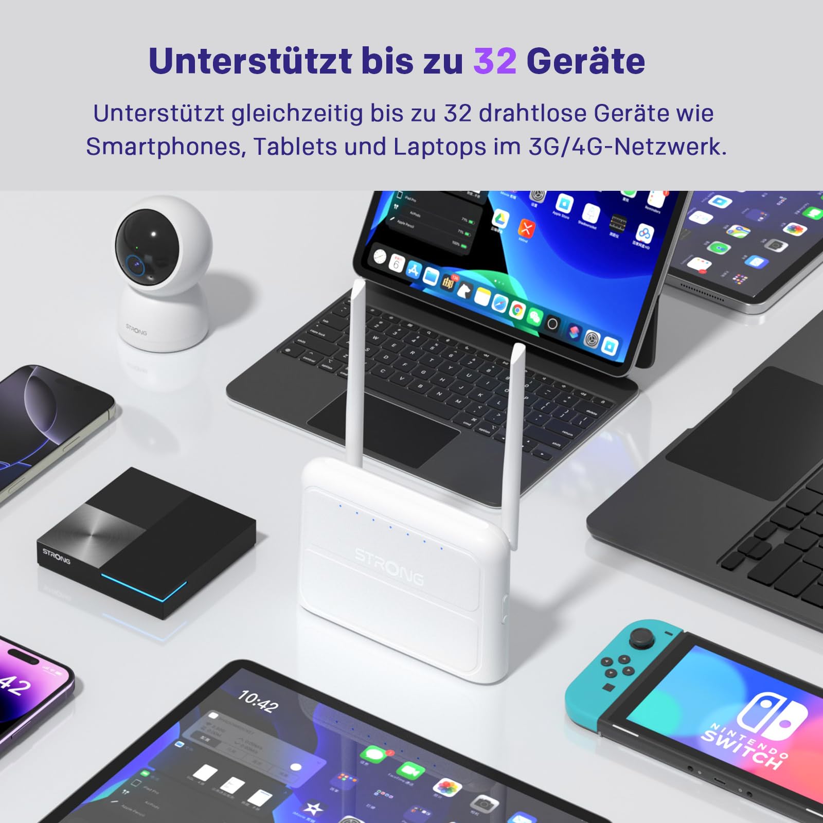 Strong N300 Mbit/s WLAN 4G Router, 4G Cat4 LTE Netzwerk, Feste Externe Antennen, 100Mbit/s WAN/LAN Ports, SIM-Karten-Router, Plug & Play, Unterstützt bis zu 32 Geräte, Sicheres Netzwerk, Weiß