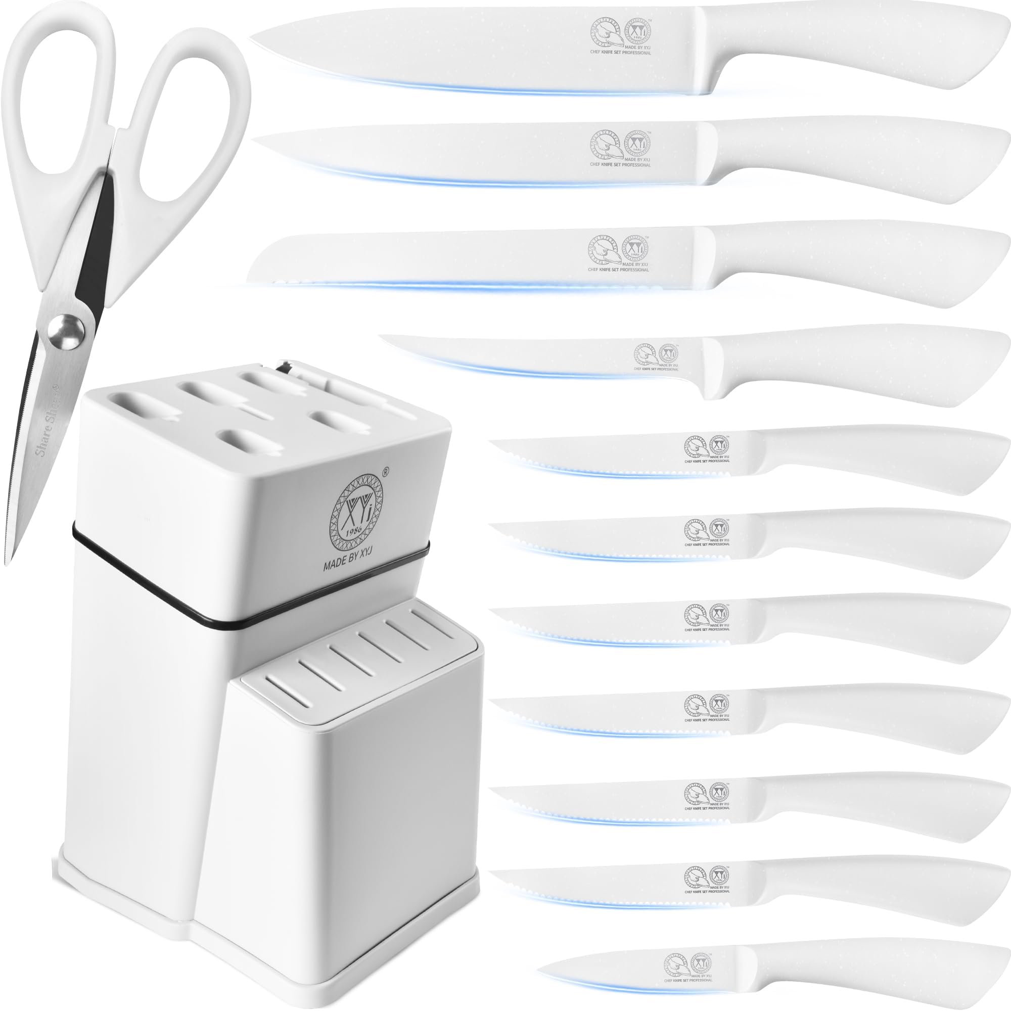 XYJ - Set di coltelli da cucina con portacoltelli, set di coltelli da cucina giapponesi professionali in acciaio inox, coltello da bistecca, coltello per intagliare e affettare, per pane