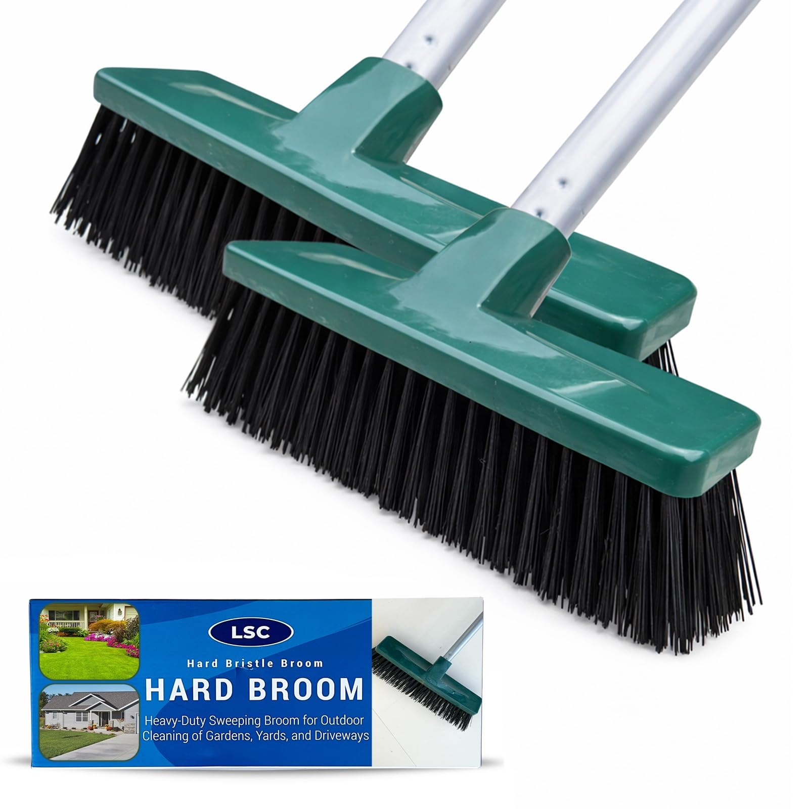 LSC 12'' Outdoor Yard Broom Heavy Duty Garden Brush with 120cm Metal Handle Hard Bristle Sweeping Brush for Patios, Decking, Driveways & Pathways (2)