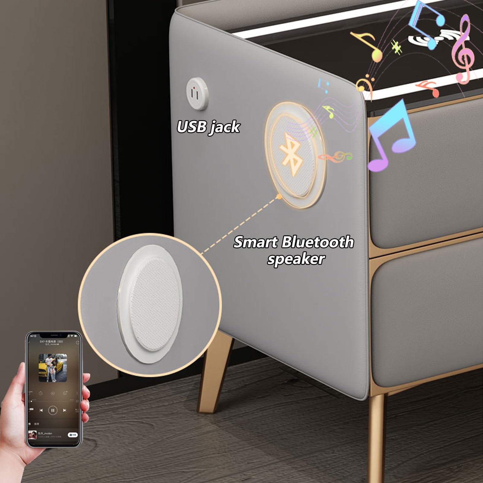 Nowoczesna biała szafka nocna ze stacją ładującą, głośnikiem Bluetooth i światłami LED, blokada odcisków palców ze szkła hartowanego, 40 x 40 x 47 cm, stylowy stolik nocny do wystroju domu