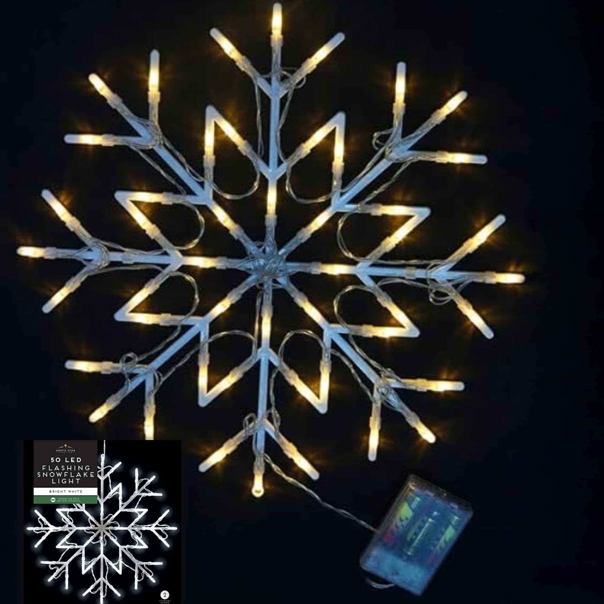 LED Flashing Snowflake Light | 50 Bright White Lights | Battery-Powered (3 x AA, Not Included) | Indoor Use Only| 33 cm Diameter, 50 cm Wire Length | Ideal for Hanging on Trees or Mounting on Walls