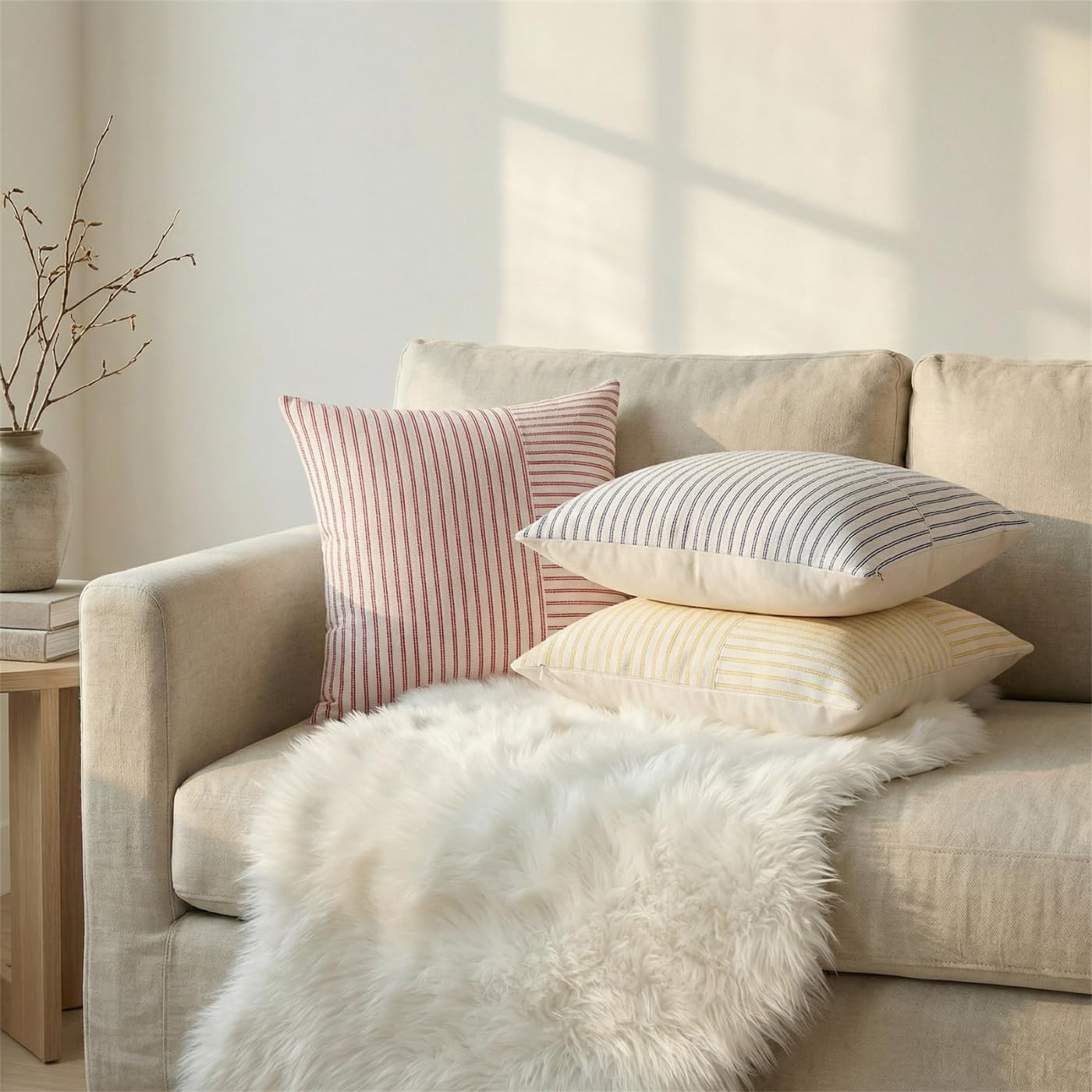 YCOLL 2er Set Kissenbezug 40x40 Baumwolle Leinen Kissenhülle Sofakissen Streifen Dekokissen Boho Deko Kissenhüllen Dekorativ Kissenbezüge für Sofa Wohnzimmer Schlafzimmer Outdoor Kissen 40x40 Red