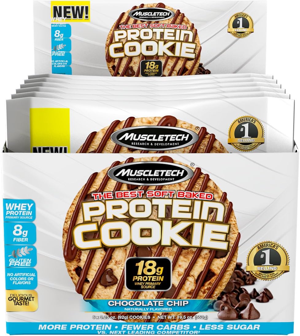 MuscleTech Soft Baked Whey Protein Cookie, Chocolate Chip, Gluten-Free, 3.25-Ounce (Pack of 6-92g)