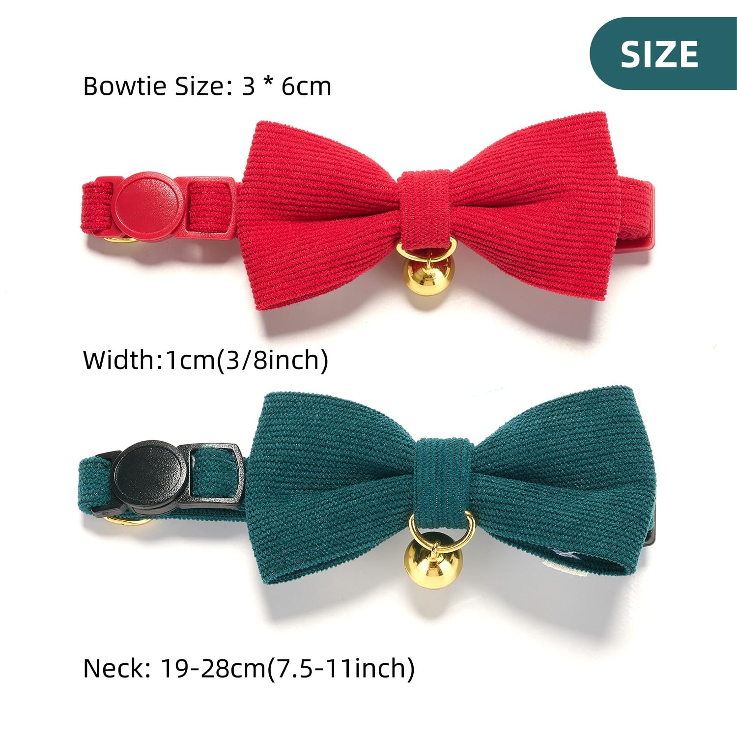 Petiry Soft Christmas Cat Collar With Bow,Corduroy Breakaway Kitten Collar With Removeable BowTie and Gold Bell,Pack of 2,Red Green - Image 4