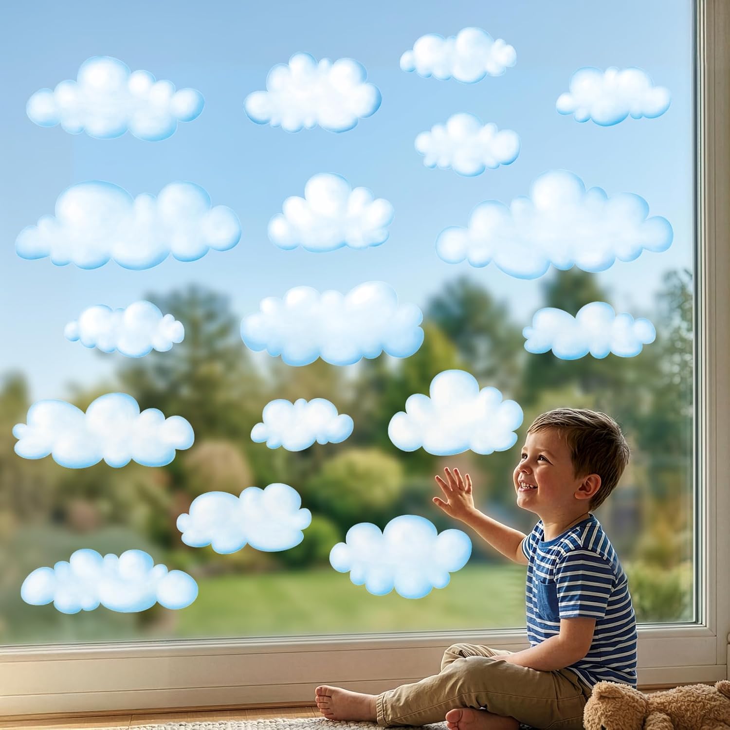 DECOWALL Cloud Window Clings – White Puffy Cloud Window Stickers for Kids Bedroom, Nursery, Bathroom & Playroom Decor, Reusable Double-Sided Static Cling Decals (CDS4-9008)