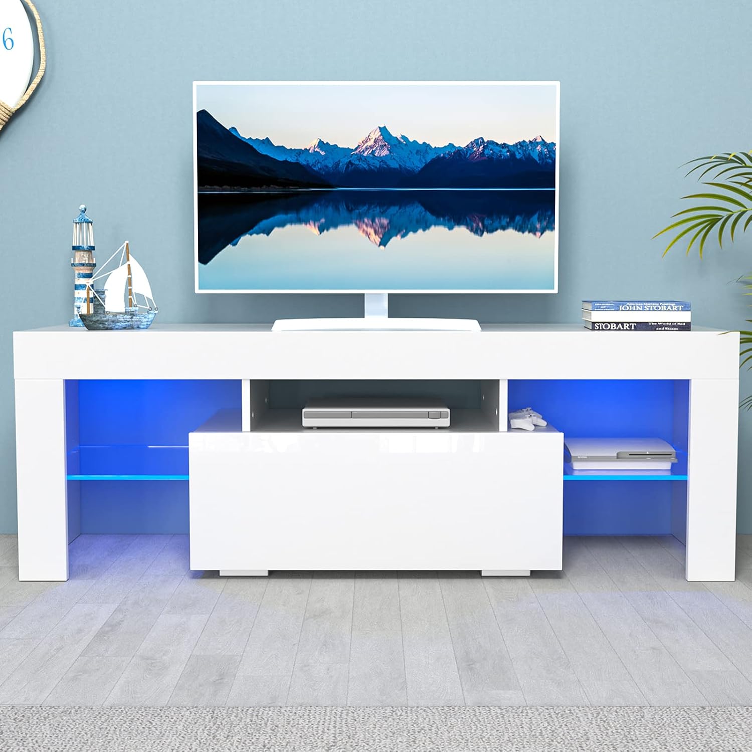 Glossy Led TV Stand Entertainment Center for 55 Inch TV, Modern TV & Media Console Table with Storage Drawer, Flat Screen TV Cabinet, Gaming Consoles for Living Room(51 Inch White)