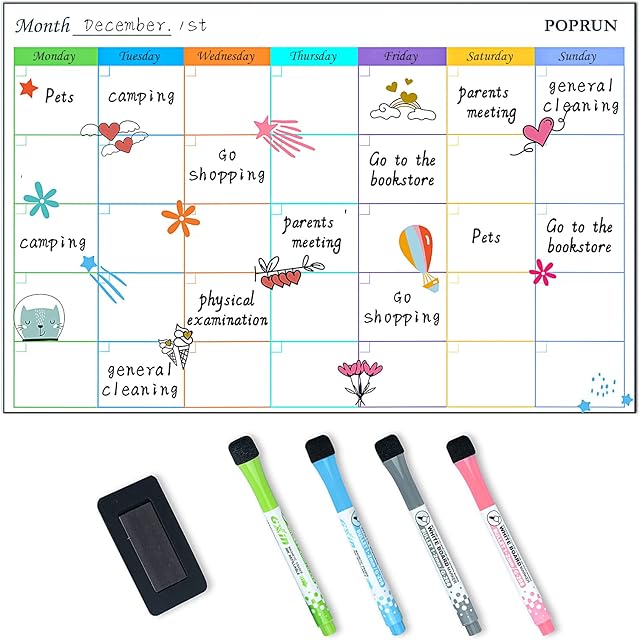 POPRUN Magnetic Monthly Planner,Weekly Planner Fridge Chore Chart Whiteboard Calendar, Dry Wipe Planning Boards Memo Board Memo Calendar 43 * 28cm
