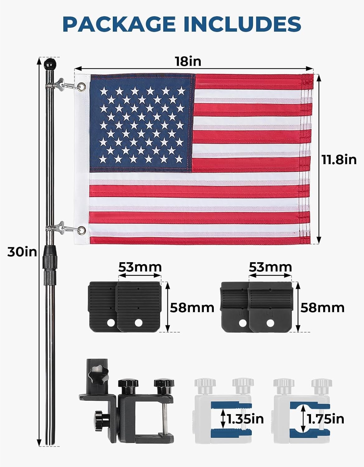 KEMIMOTO Golf Cart Flag Pole Kit, 360° Adjustable Golf Cart Flag Holder, Universal Fit for Golf Cart/Golf Push Cart/Boat, 2.5ft Flag Pole with USA Flag (12"×18"), for 0.8''-1.35'' Round/Square Rails