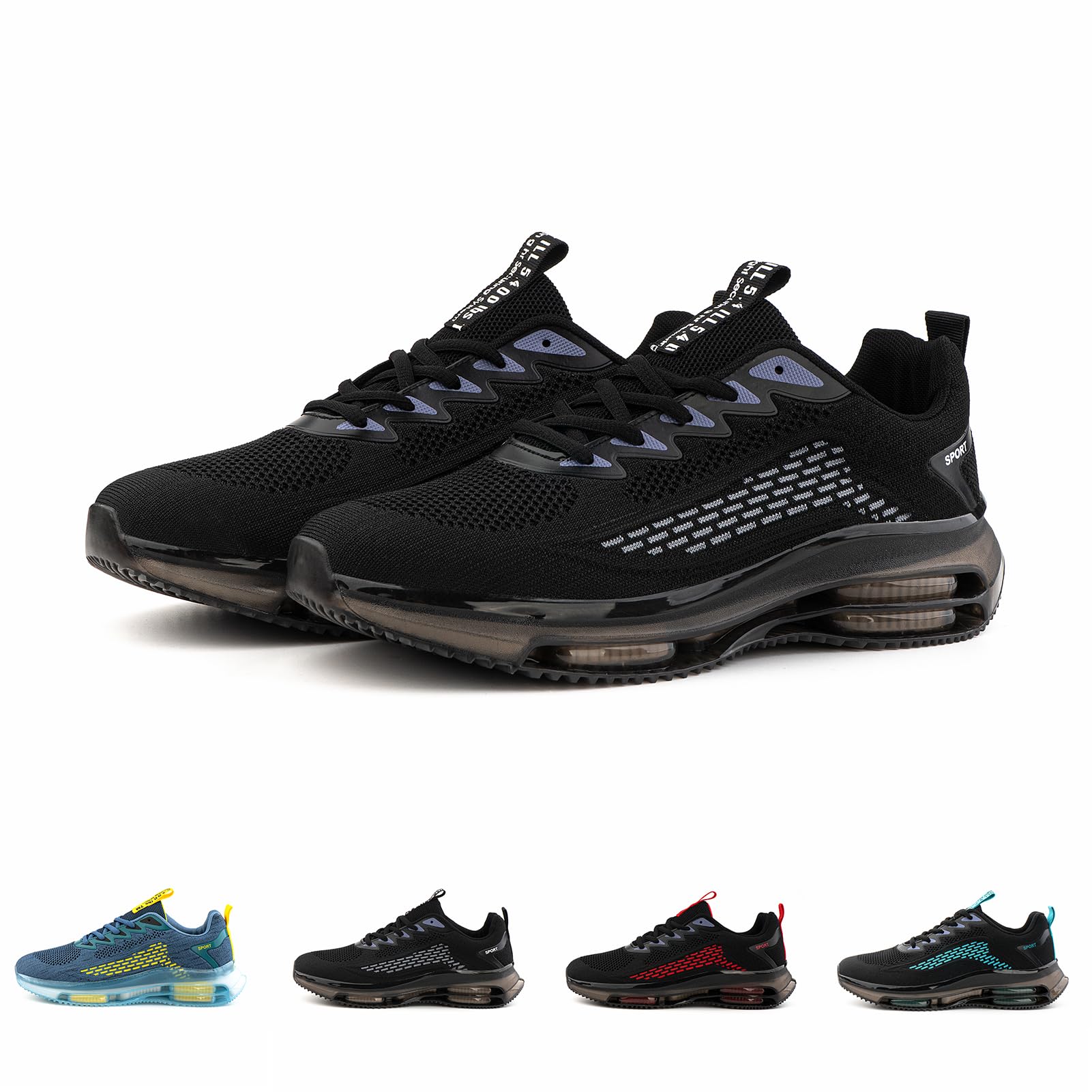 HitmarsMens Trainers Road Running Shoes Trail Gym Sports Cushioned Lightweight Fashion Non Slip Sneakers Black Blue Red Size 3.5-12 UK