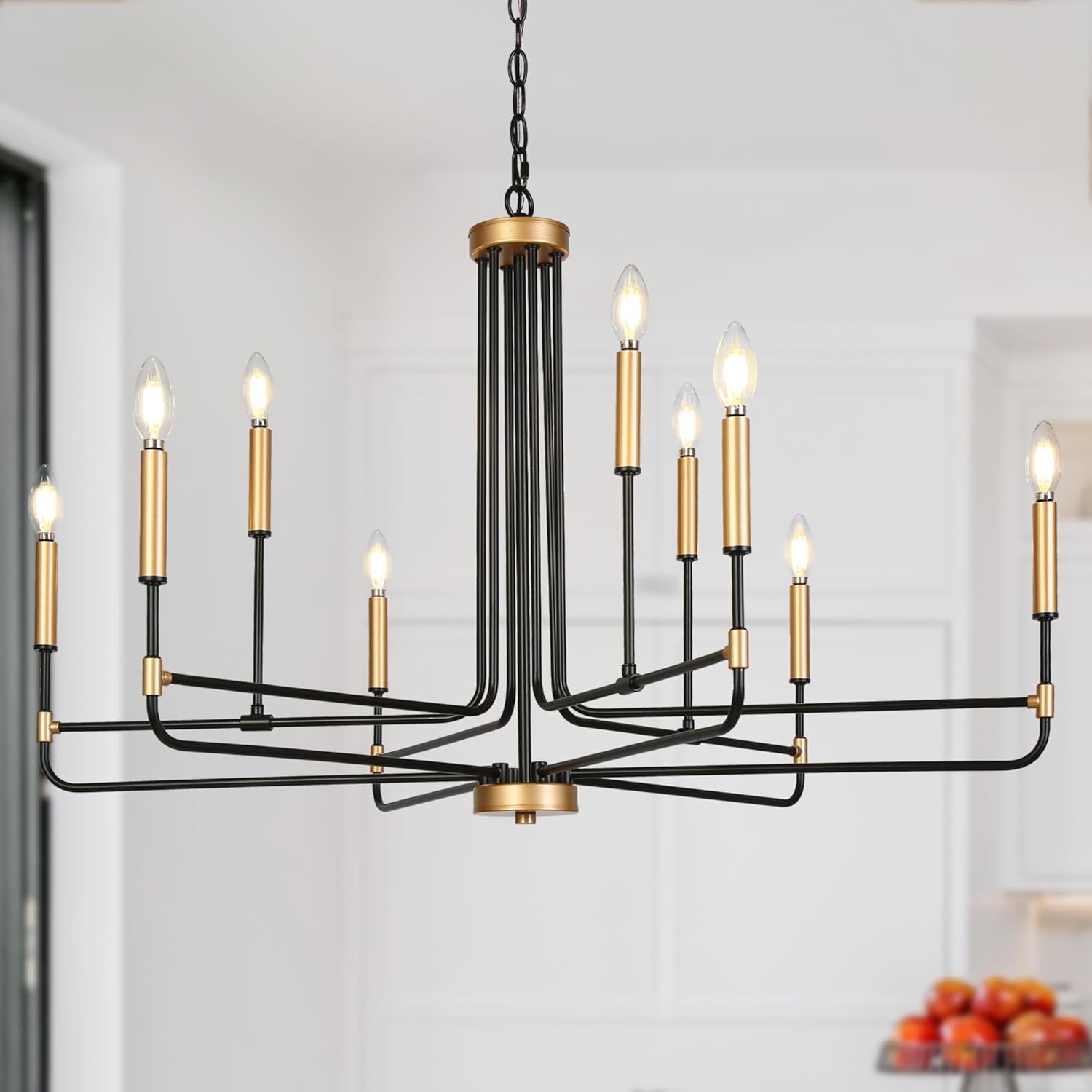 KSANA 38.5'' Large Black Gold Chandelier, 9-Light Modern Farmhouse Dining Room Light Fixture Over Table, Metal Candlestick Chandeliers Lights Fixtures for Living Room Entryway Foyer High Ceilings