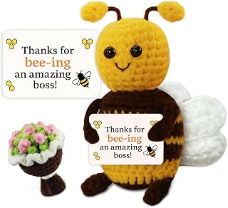 Boss Appreciation Gift Set, Handmade Knitted Bumble Bee with Thank You Boss Card, Boss Day Gift Idea, Crochet Bee and Flower, Holiday Present for Boss