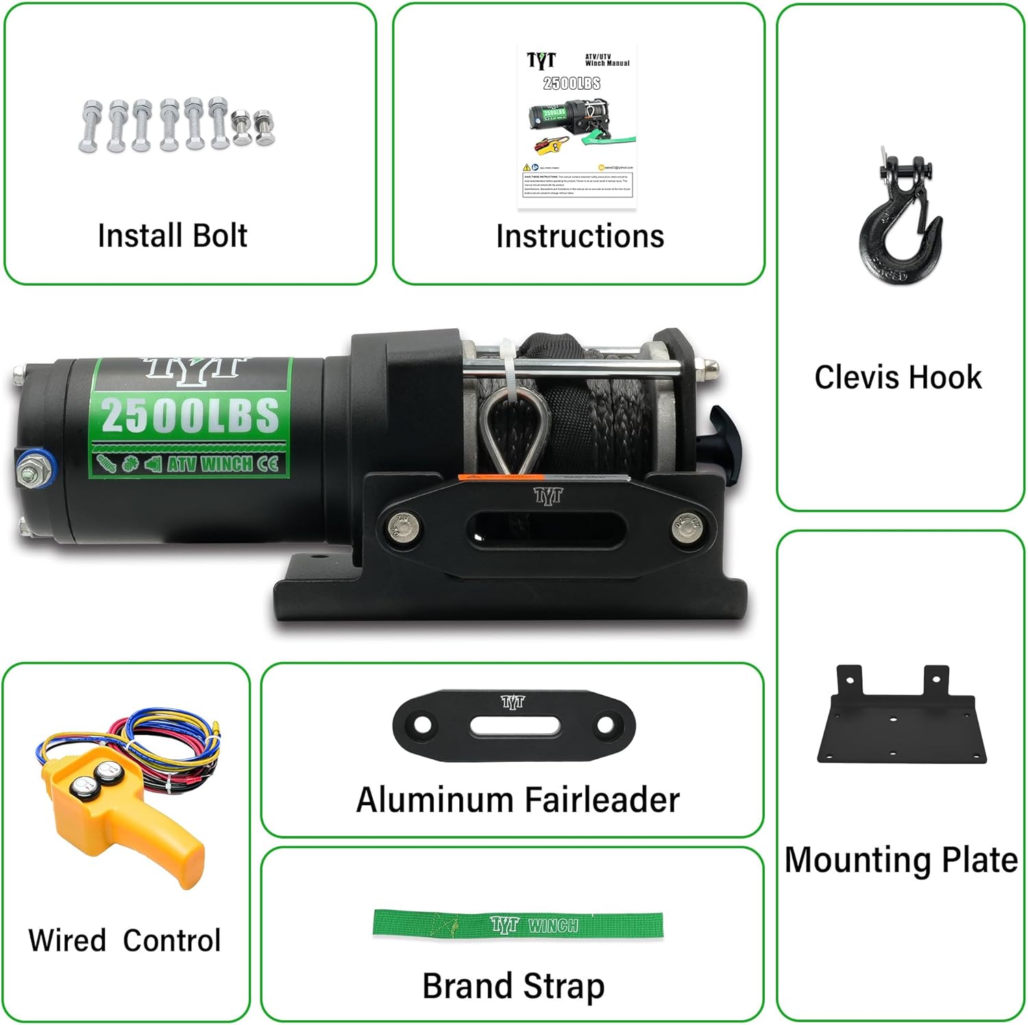 2500 lb ATV Electric Winch, 12V DC, Heavy Duty Synthetic Winch Rope 1/5" x 32FT, Wired Remote Control, Includes Fairlead, Winch Mounting Plate, Ideal for Off-Road, ATV, UTV, Boat Towing Off Road