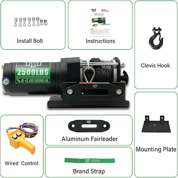 2500 lb ATV Electric Winch, 12V DC, Heavy Duty Synthetic Winch Rope 1/5 x 32FT, Wired Remote Control, Includes Fairlead, Winch Mounting Plate, Ideal for Off-Road, ATV, UTV, Boat Towing Off Road