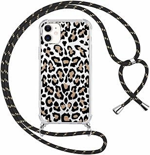 ZhuoFan Handyband für iPhone 11 Hülle mit Band 6,1", Aesthetic Muster Design Leopard Schutzhülle PC Transparent Necklace Handyhülle für zum Umhängen Verstellbare Ultra Stoßfest, 16