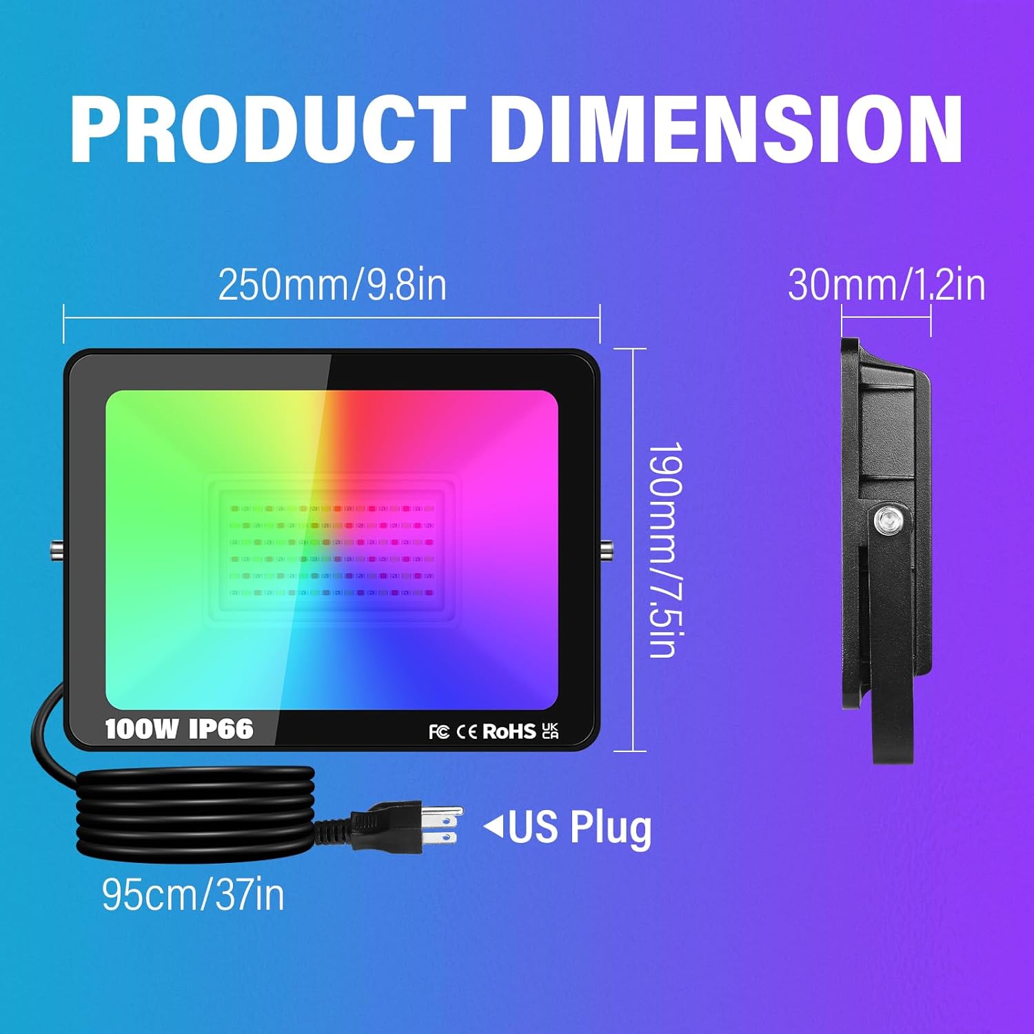 SKYWORLD 1 x 100W LED Floodlights Outdoor, Smart RGB Flood Lights with Plug, APP Remote Control, Dimmable Colour Changing Flood Light for Garden Courtyard Landscape DIY Party Stage Decoration