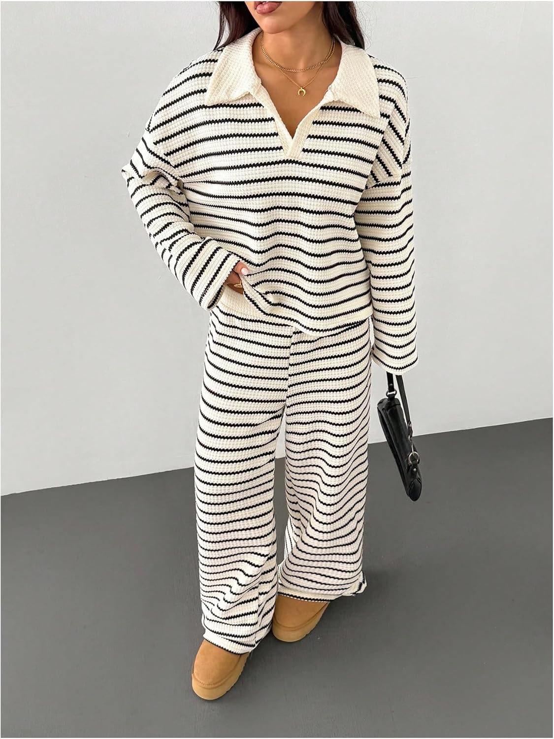 MakeMeChic Women's 2 Piece Sets Striped Long Sleeve Collared Tops Shirt Wide Leg Pants Matching Set - Image 5