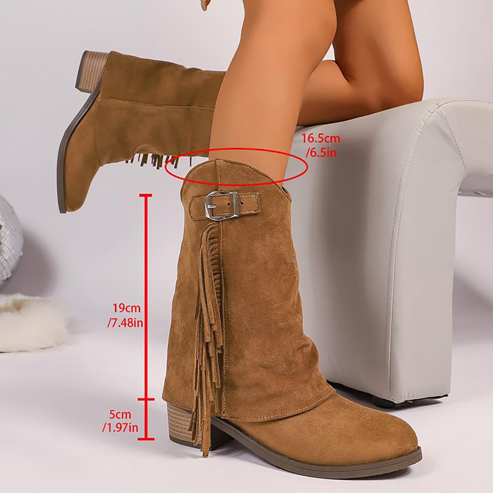 Stivali da cowboy da donna, a metà polpaccio, stile western, con tacco a blocco, bassi antiscivolo, scarpe vintage casual con fibbia, calzature per attività all'aperto, per concerti di musica country