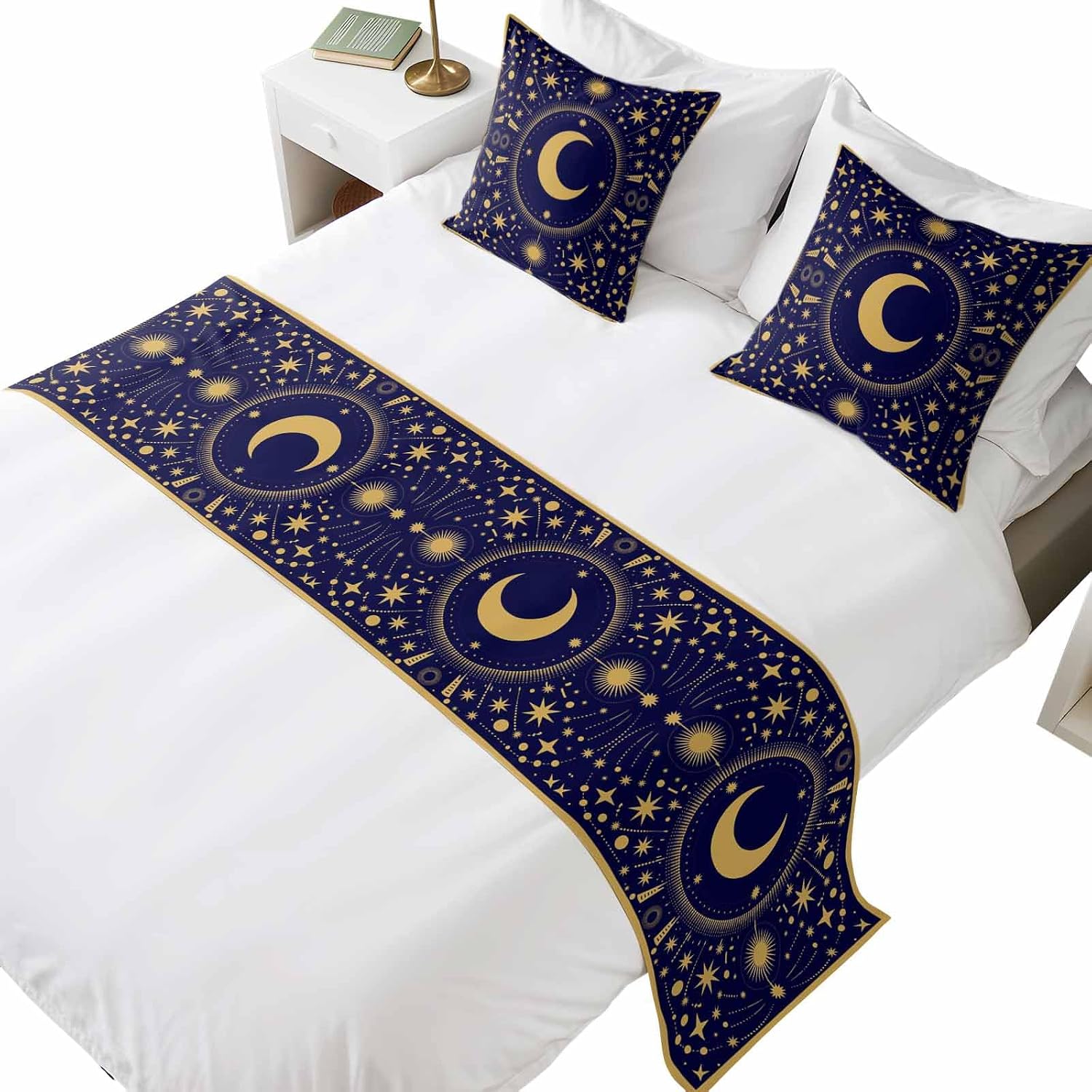 Stars Moon Designer Bed Runner Set, Vintage Gorgeous Gold Dark Blue Dots Star Moon 94x20in Bed Scarf with 2pcs Double-Sided Decorative Pillows Easy Care Bedding Scarves for Home Hotel Bedroom Decor