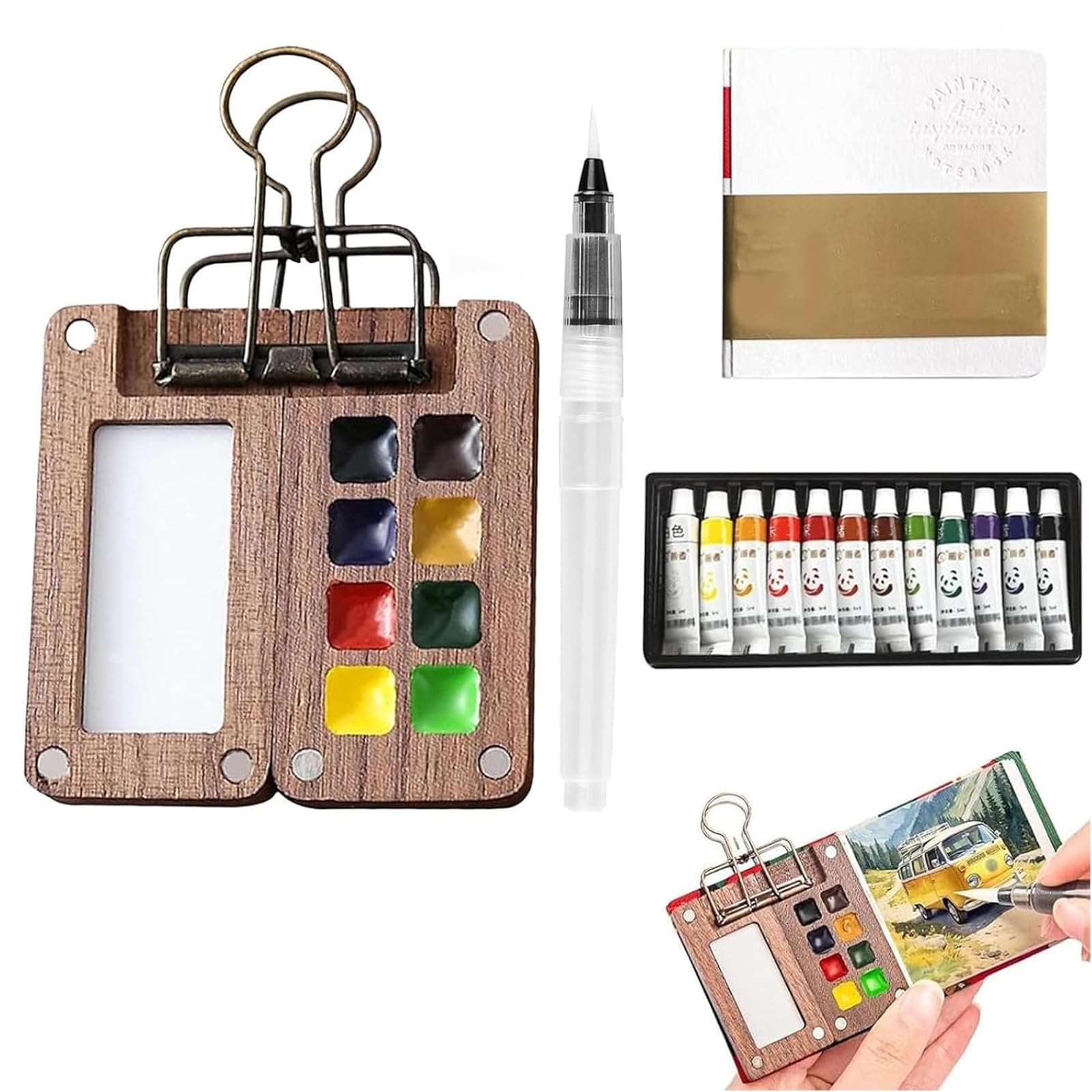 Mini Watercolour Paint Set Travel, Portable Palette with 8 Grids, Pocket Artist Travel Watercolour Set with Metal Clip, 12 Colour Watercolour Painting Palette with Pen