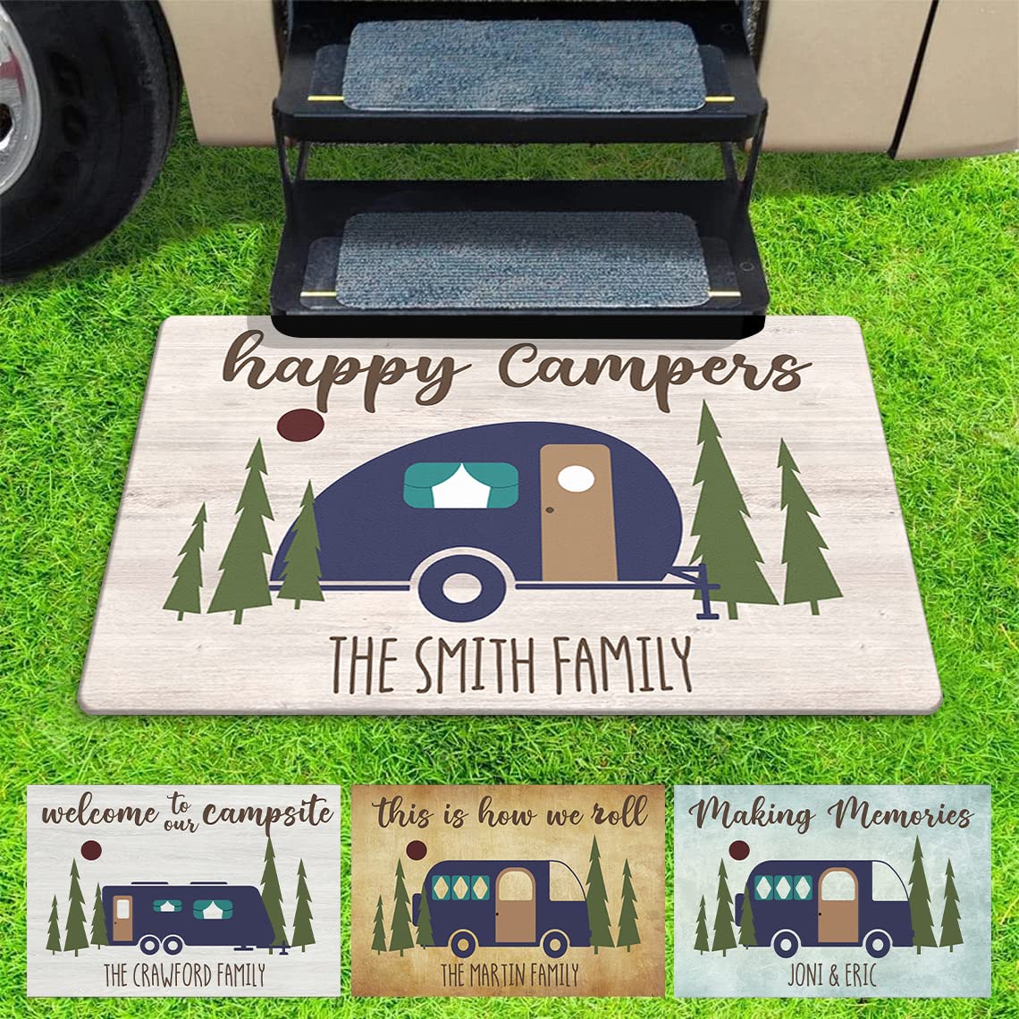 Personalized Happy Campers RV Doormat - Custom Family Name Camping Tent Door Mat, 5th Wheel Accessories for Inside Outside, Campsite Decorations for
