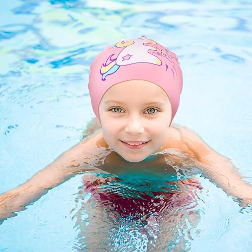 Miniatura 5 de Gorros de natación de silicona para niños y niñas (de 4 a 12 años), impermeables, de dibujos animados, para cabello largo y corto, 3 piezas