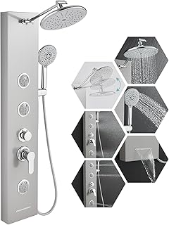 Shower Panel Tower System with Adjustable Shower Head, Self-Cleaning Shower Tower with 2-Setting Powerful Body Jets and 5-Function Handheld Shower, Shower Column Brushed Stainless Steel