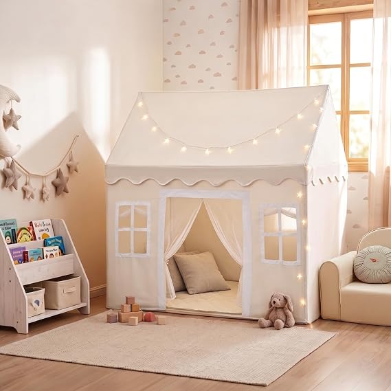 Tiny Land Kids Play Tent with Padded Mat & LED Lights, Ages 3+ | Modern Home Design, Neutral Color Indoor Playhouse, Cozy Bed Tent for Toddler, Ideal Toy Gift For Boys & Girls