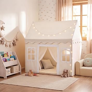 Tiny Land Kids Play Tent with Padded Mat & LED Lights, Ages 3+ | Modern Home Design, Neutral Color Indoor Playhouse, Cozy Bed Tent for Toddler, Ideal Toy Gift For Boys & Girls