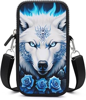 Roomy Pockets Phone Neck Travel Wallet Handbag Credit Card Clutch Bag, Water Resistant, Excersise Golf Bag, Blue Rose Galaxy Fire Flame Wolf