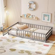 Twin Floor Bed with Full Length Safety Guardrail & Detachable Door