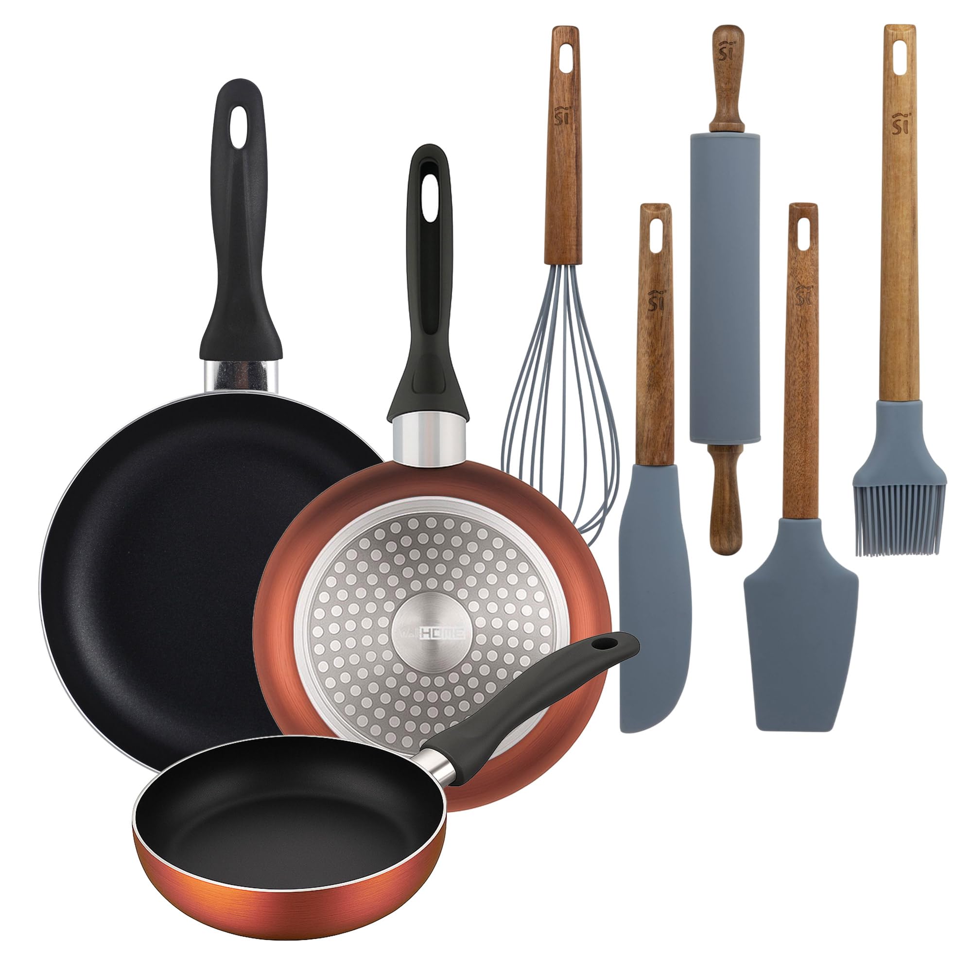 Well Home Lot de 3 poêles Ø16 Ø 20 Ø 24 cm en aluminium pressé en cuivre métallisé + set de 5 ustensiles de cuisine en silicone et bois d'acacia