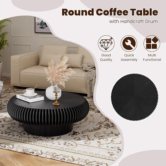 Round Drum Coffee Table for Living Room, Mid Century Modern Coffee Table with Sturdy Pedestal, Farmhouse Fluted Circle Center Table Accent Tea Table for Apartment (31.5 Black)