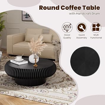 Round Drum Coffee Table for Living Room, Mid Century Modern Coffee Table with Sturdy Pedestal, Farmhouse Fluted Circle Center Table Accent Tea Table for Apartment (31.5 Black)