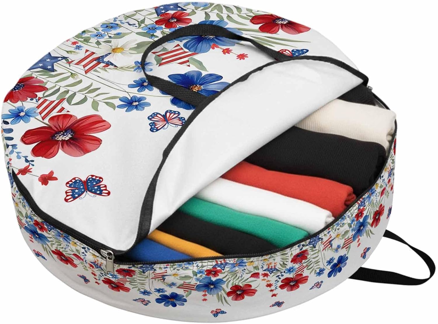 Red Blue Cosmos Flower Round Storage Bag 36 Inch, Butterfly Pentagram Independence Day Clothes Storage Container with Handles Heavy Duty Organizer for Comforter, Bedding & Holiday Wreaths
