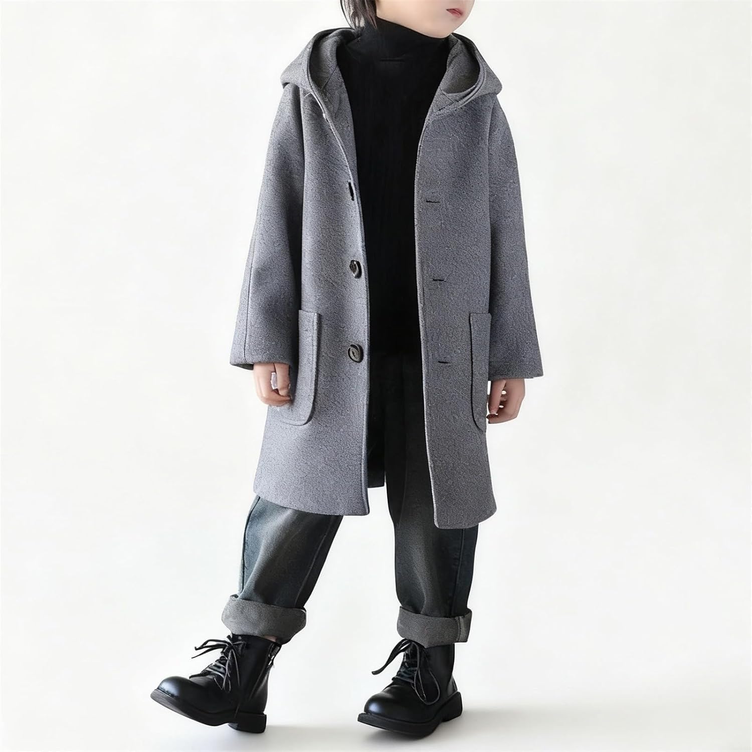 Boys Winter Hooded Trench Coat Kids Single Breasted Wool Dress Coat Warm Windbreaker Overcoat with Pockets