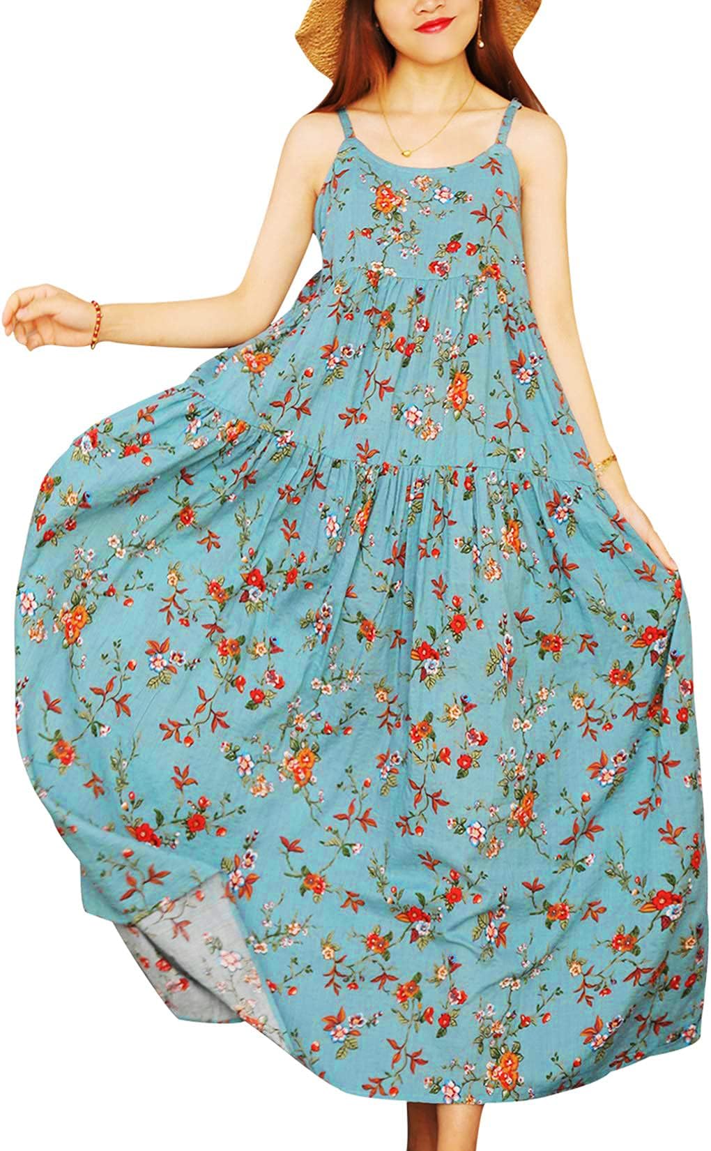 YESNOWomen's 2023 Summer Casual Loose Dresses Sleeveless Maxi Bohemian Floral Dress Spaghetti Strap Sundress with Pockets E75 UK