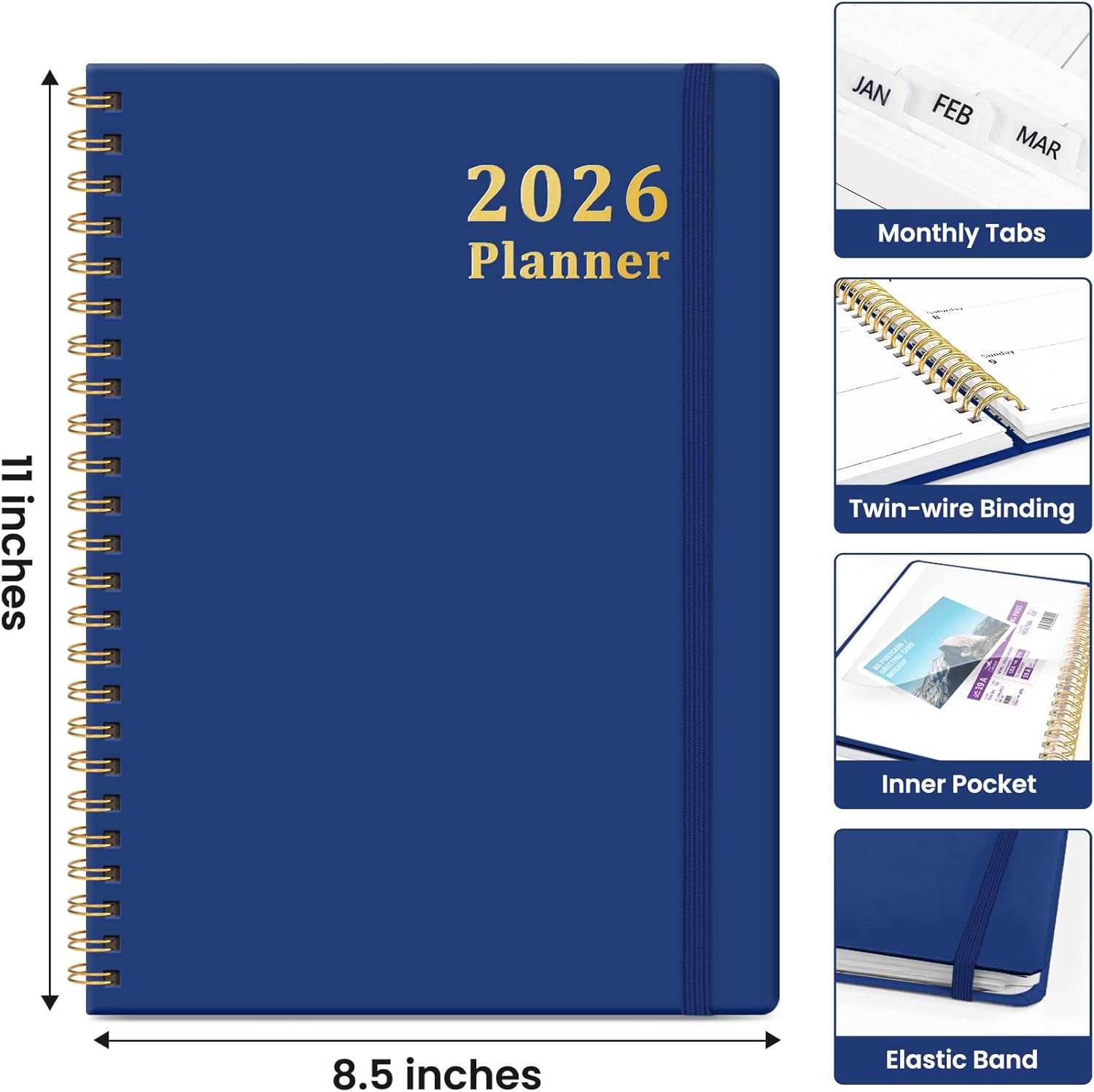2026 Planner, Weekly and Monthly Calendar Planner, January 2026 - December 2026, Hardcover 2026 Calendar Book with Tabs For Women & Men, Inner Pocket, Spiral Bound, Perfect for Office Home School Supplies - A4 (8.5" x 11"), Deep Blue - Image 4