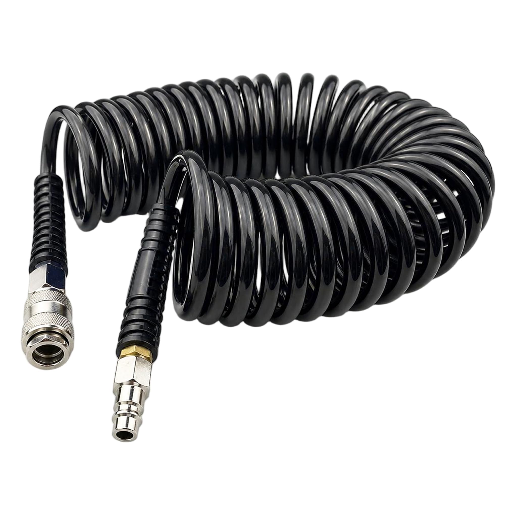 Darnassus Polyurethane Recoil Air Hose, 6 mm Inner Diameter, 7.5 m Black with Bend Restrictor and Industrial Quick Coupler and Plug