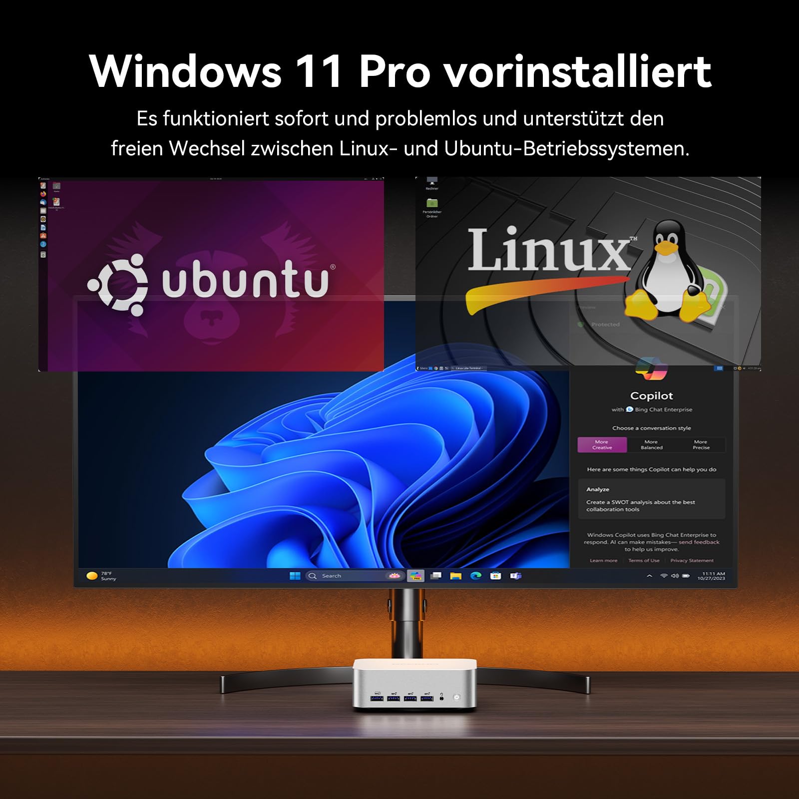 GEEKOM AI Mini PC A8 Max mit AMD Ryzen 9 8945HS, 3 Jahre Garantie, 32 GB DDR5 RAM(kein festgelegter LPDDR) 1 TB SSD, Micro PC W-11 Pro | 8 USB Ports | 8K UHD | Dual LAN Port, für Gaming/Kreativität