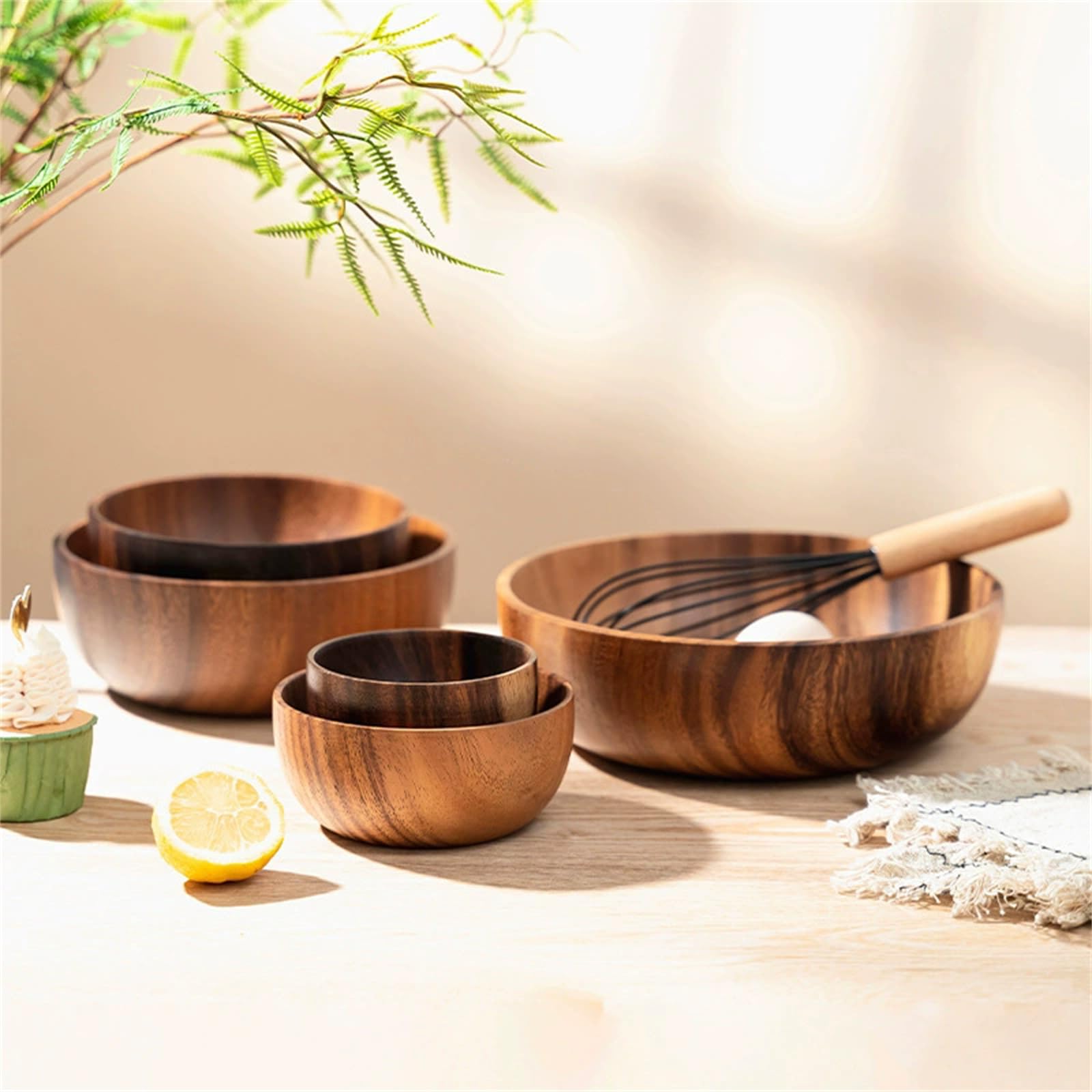Cuenco de Madera Ensaladera redonda de madera for frutas y verduras para Vajilla de Cocina(20x7.5cm)