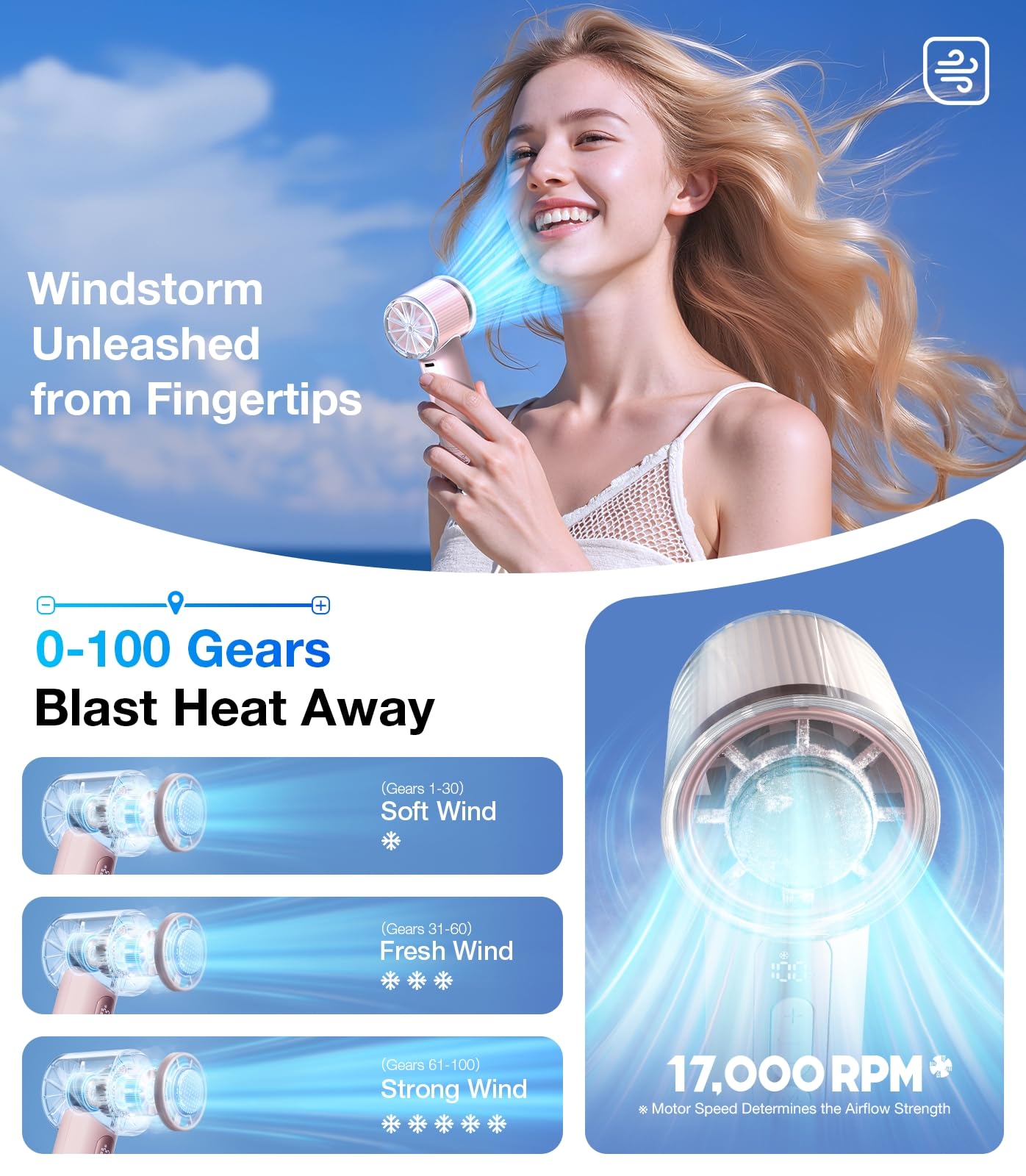 TORRAS Coolify iva - Ventilador portátil para enfriar hielo de 5000 mAh, ventilador personal recargable de 0 a 100 velocidades, ajustable, súper mini pero potente ventilador portátil
