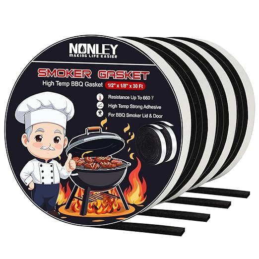 Nonley Smoker Gasket Seals 30FT – 1/2 x 1/8 High Temp Grill Gasket for Smokers – BBQ Gasket Smoker Seal Self Stick, High Heat Grill Gasket Seal Tape for Smokers BBQ Lid