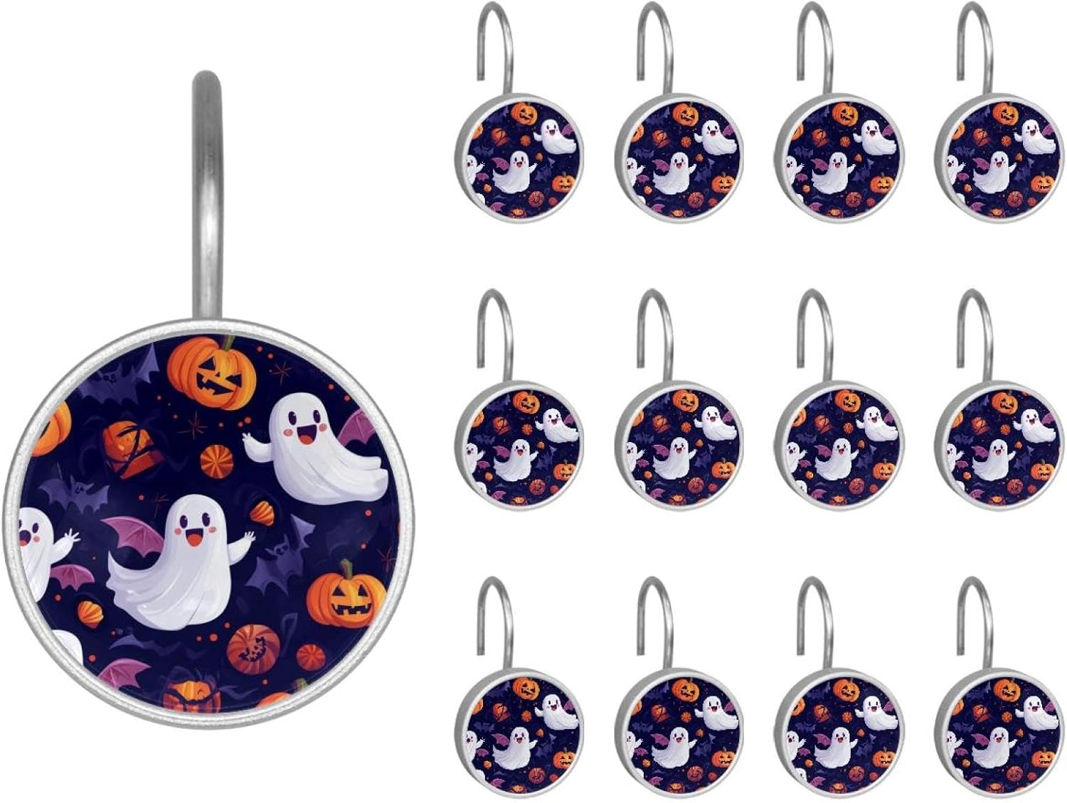 Set of 12 Shower Curtain Hooks, Shower Curtain Rings Crystal Glass Decorative Bathroom Hook, Halloween Bats Candies Pumpkins